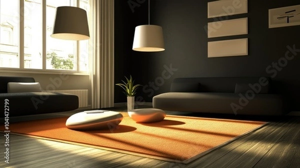Fototapeta Modern living room with clean lines and sleek furniture, no people, room for copy text