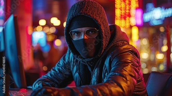Fototapeta Masked Person in a Hooded Jacket Using a Computer in a Neon-Lit Environment
