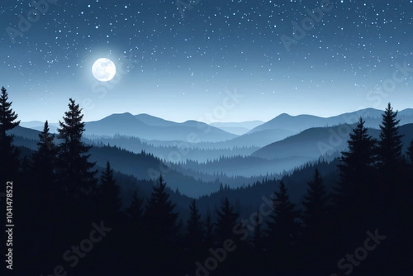 Fototapeta Moonlit Night over Misty Mountain Ranges and Forest