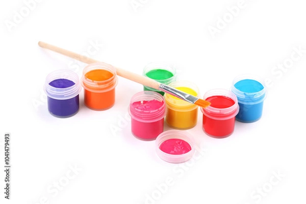 Obraz Colorful gouache paints and brush isolated on white background