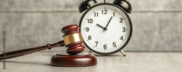 Fototapeta Gavel and alarm clock on a textured background, symbolizing the concept of time management in legal proceedings.