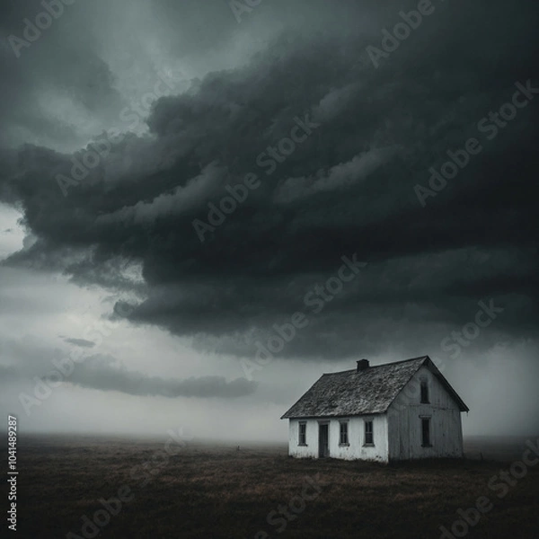 Fototapeta A solitary white house stands beneath dark storm clouds in a desolate landscape