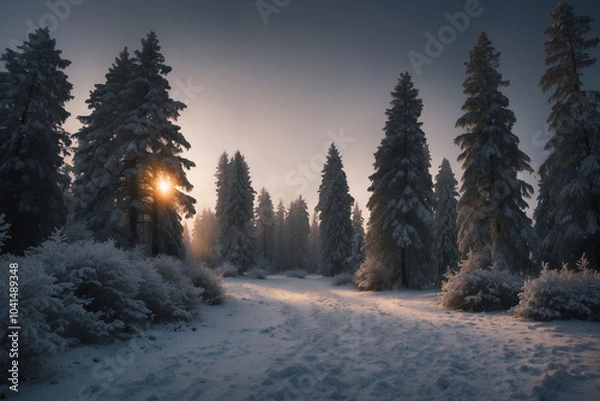 Fototapeta Snow-covered pine trees in a forest at dusk