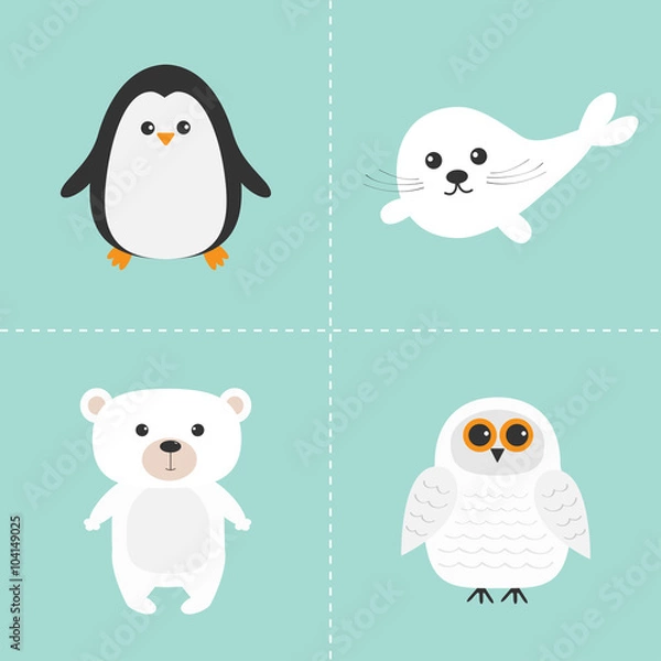 Fototapeta Arctic polar animal set. White bear, owl, penguin, Seal pup baby harp. Kids education cards. Blue background. Isolated. Flat design.