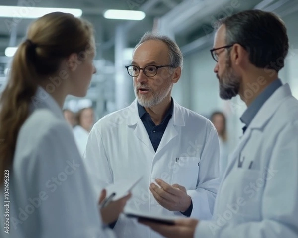 Fototapeta A group of scientists in white coats talking in a laboratory