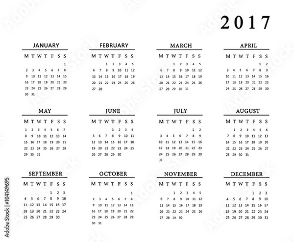 Fototapeta Calendar for 2017 on white background.