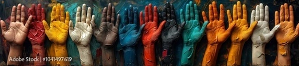 Obraz Diverse hands painted in vibrant colors representing unity and inclusion, ideal for diversity, equality, and human rights awareness campaigns