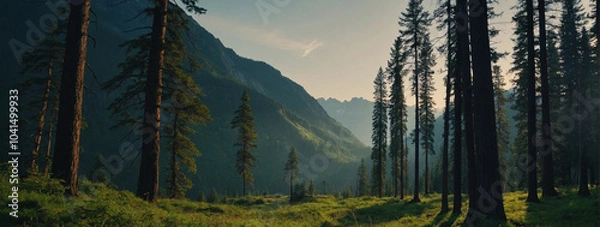 Fototapeta Serene forest landscape with towering trees and distant mountains during sunrise