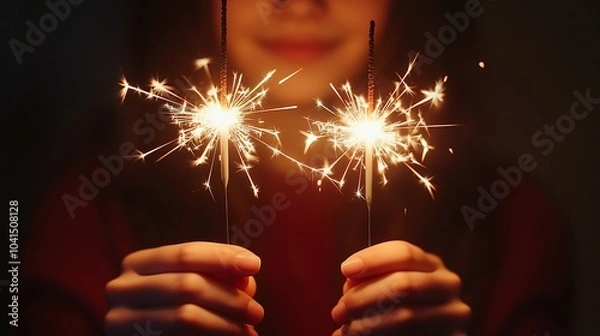 Obraz A hand holding a bright sparkler at night during a celebration