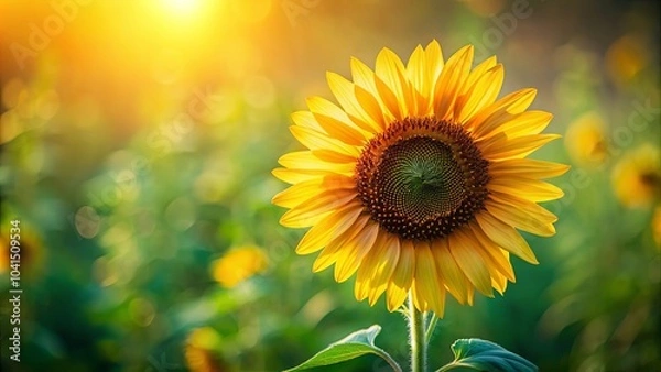 Obraz A radiant sunflower basks in the golden glow of the setting sun, its petals unfurling towards the warm light, creating a captivating scene of natural beauty.