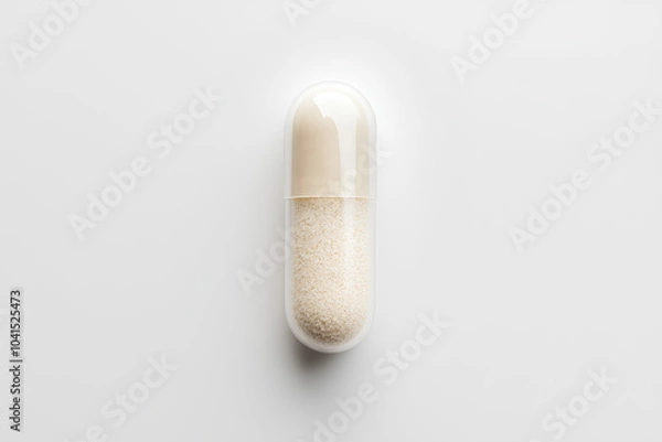 Obraz A single transparent capsule filled with white powder, representing a medication or supplement.