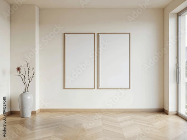 Fototapeta Two A3 blank posters  wooden frame mockup hanging on a white wall,  boho and scandinavian interior, minimalist decor. Frame mockup
