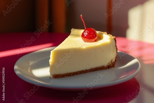 Fototapeta A slice of cheesecake with a cherry on top