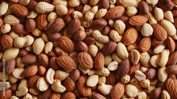 Fototapeta A seamless spread of whole almonds and shelled peanuts, tightly arranged to fill the entire frame with their crunchy, earthy texture.