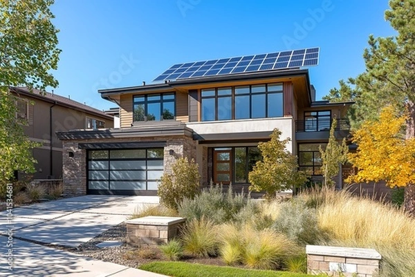 Obraz Modern Solar Panels Installed on a Denver Colorado Home Under Clear Blue Sunny Sky, Solar Photography, Solar Powered Clean Energy, Sustainable Resources, Electricity Source