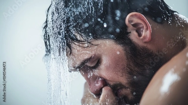 Fototapeta Man in shower with cold water shivering and embracing himself Represents themes of conservation and energy challenges