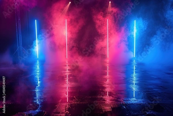 Fototapeta Empty background scene, Dark reflection of the street on the wet asphalt, Rays of blue and red neon light in the dark, neon figures, smoke, Background of empty stage show, Abstract dark background,