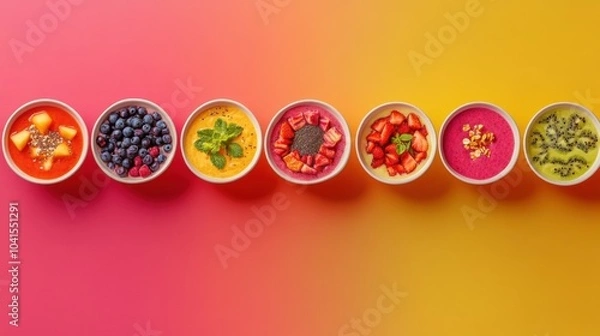 Fototapeta A colorful rainbow of smoothie bowls with various fruit toppings, arranged in a line, symbolizing health diversity, Generative AI