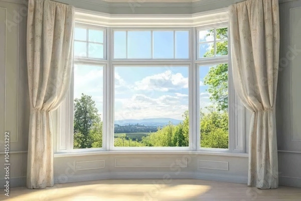 Fototapeta Bay Window with Sunny Interior View Framed by Curtains and Panes