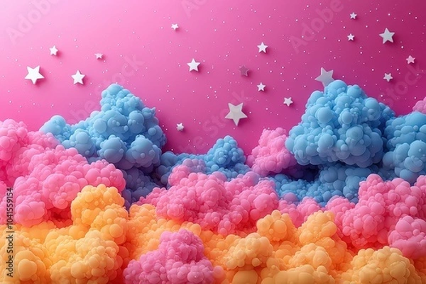 Fototapeta cartoon-style colorful clouds and stars on a pink background with empty space in the center for text, cartoon design