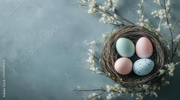 Obraz Easter eggs in a bird's nest with willow branches.