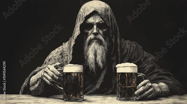 Obraz Engraved Sketch of a Monk with Beer Mugs - Vintage Illustration in Raster Format