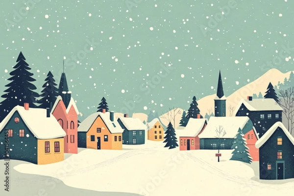 Fototapeta Charming illustration of a snow-covered village with warm, lit houses, bare trees, and gently falling snow, evoking a peaceful winter atmosphere.

