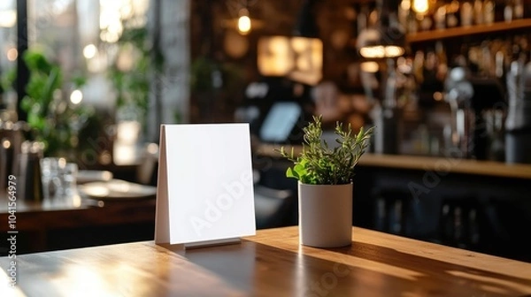 Fototapeta Blank menu mock up on a wooden table in a restaurant bar featuring a booklet stand with a white sheet