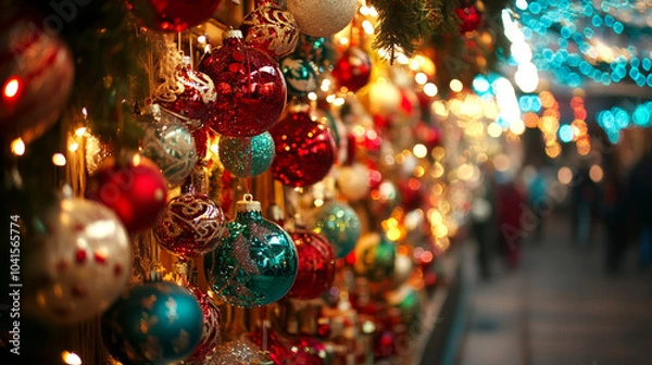 Fototapeta Festive Christmas baubles with blurred sparkling lights