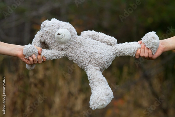 Obraz The hands of two children are pulling a toy