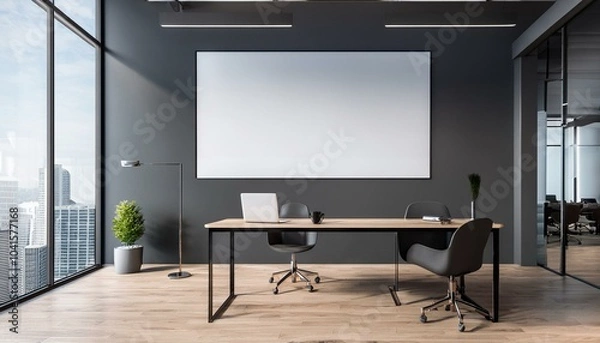 Fototapeta Front view on dark grey wall with place for advertising poster or display in modern open space office with light interior design, table and wooden floor. 3D rendering, mock up