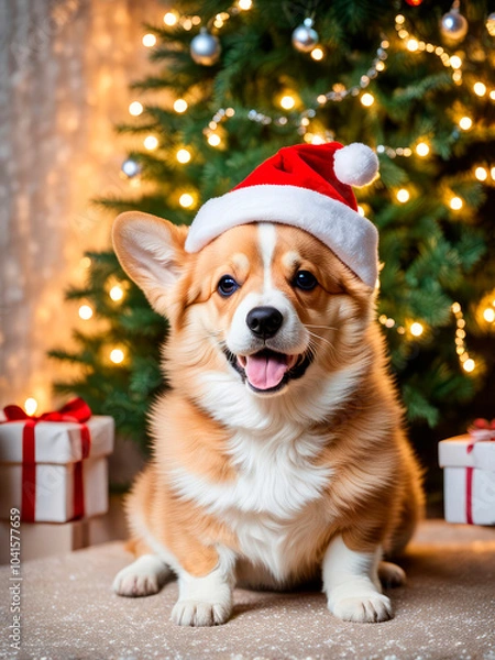 Fototapeta Cute smiling corgi puppy in Santa hat sitting with Christmas tree and wrapped gifts in the background