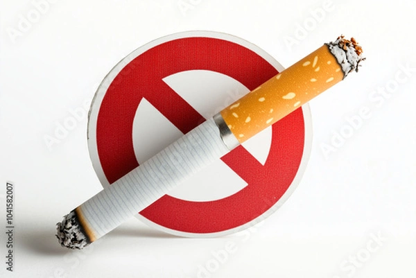 Fototapeta A no smoking sign with a cigarette dramatically stuck through it, conveying the message of defiance. Bright, bold lighting. 
