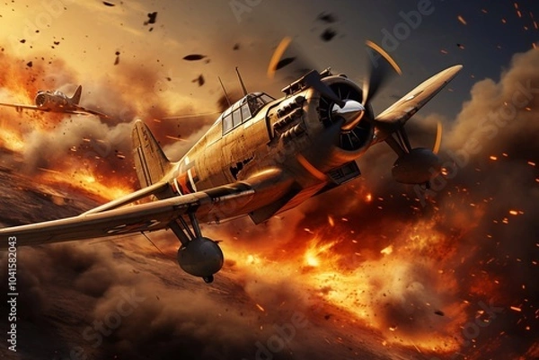 Fototapeta World war ii fighter plane at sunset or dark orange fire explosion sky. War scene. German figher at sky. Selective focus