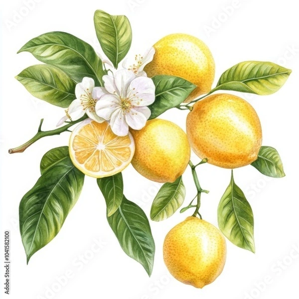 Fototapeta A lemon branch, several lemons, lemon leaves and flowers, watercolor hand painted