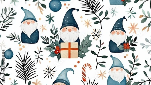 Fototapeta Cute Christmas Gnome Characters Surrounded by Festive Foliage