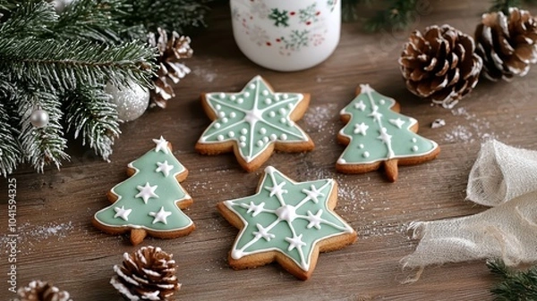 Fototapeta Festive Christmas cookies decorated with icing and pinecones