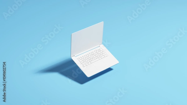 Obraz White laptop notebook computer keyboard office communication pale blue background 3d illustration render