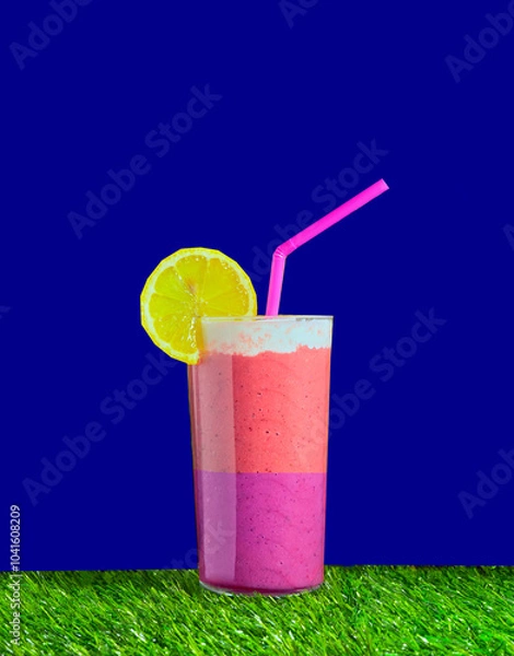 Fototapeta Mixed fruit smoothie garnished with a slice of lemon and a pink straw.