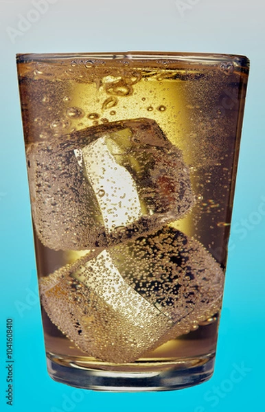Fototapeta Cold beverage with big ice cubes and loads of carbonated bubbles.