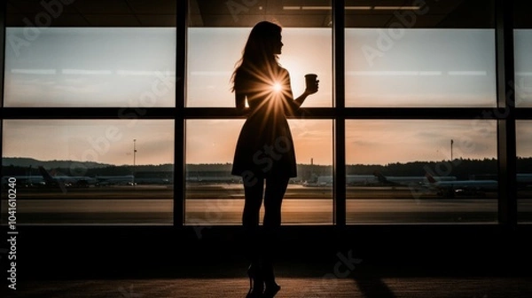 Fototapeta Woman standing in front of a large office window, holding a coffee cup, contemplating business strategies while confidently dressed.
