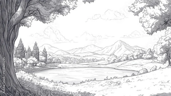 Fototapeta Line art illustration featuring a scenic view from a historical perspective