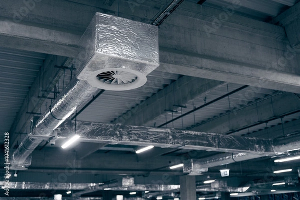 Fototapeta Air ventilation system on the ceiling in a large warehouse