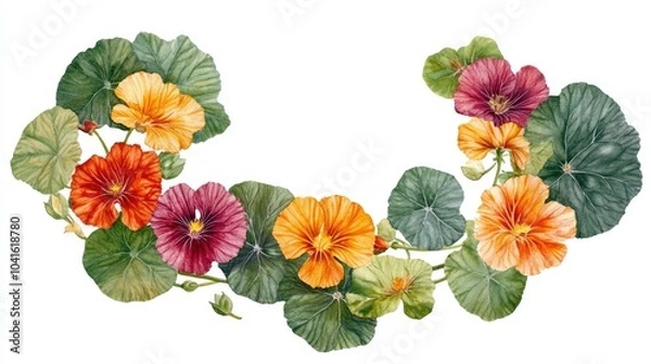Fototapeta Colorful watercolor wreath featuring nasturtium flowers and leaves on a white background