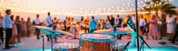 Fototapeta Outdoor wedding with live music show, guests enjoying a vibrant performance under string lights, lively and dynamic entertainment