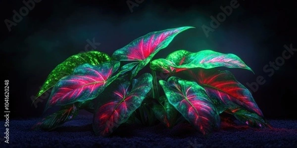Fototapeta Caladium leaves shaped like rabbit ears showcase vibrant color patterns with striking green and red veins, Vibrant Caladium Leaves with Green and Red Veins