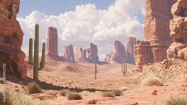 Fototapeta Wild West Panorama: Majestic Desert Landscape with Rock Formations, Cacti, and Vibrant Sky, Bathed in Cinematic Light
