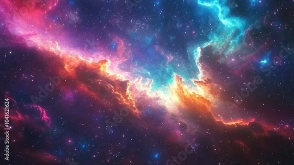 Fototapeta Colorful nebula surrounding a constellation in a 3D cartoon rendering of a star field in space with interstellar dust within the cosmic background