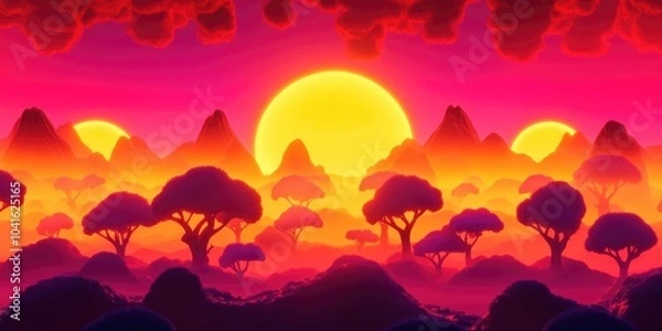 Fototapeta Sunrise in a rural setting featuring tree silhouettes, Rural sunrise with tree silhouettes