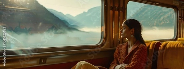 Fototapeta A young woman sits alone in a modern train carriage, staring out the window at the passing scenery